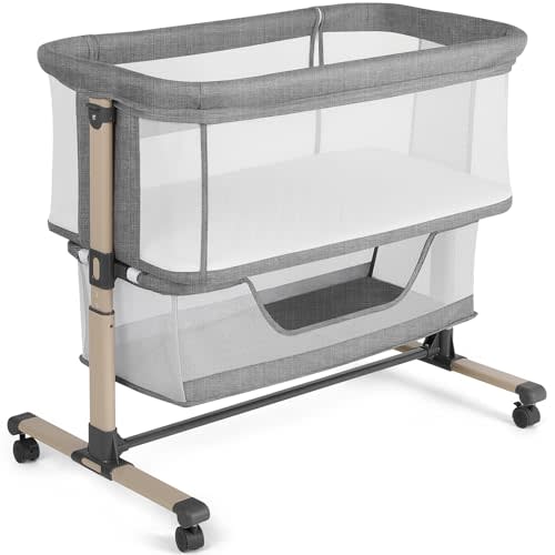 Cowiewie Bassinet Bedside Sleeper, Portable, Breathable, Adjustable Baby Bedside Bassinet for Peaceful Nights, Grey