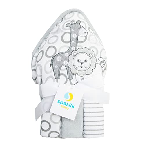 Spasilk Baby Bath Hooded Terry Towel with 3 Washcloths, Baby Bath Essentials, One Size, Gray Lion
