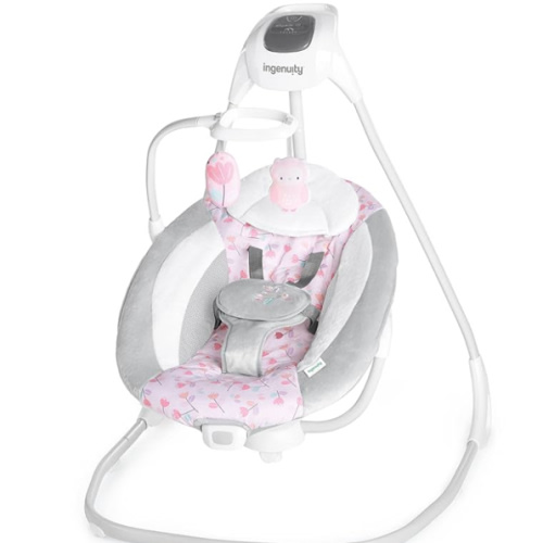 Ingenuity SimpleComfort Lightweight Compact 6-Speed Multi-Direction Baby Swing, Vibrations & Nature Sounds, 0-9 Months 6-20 lbs (Pink Cassidy)