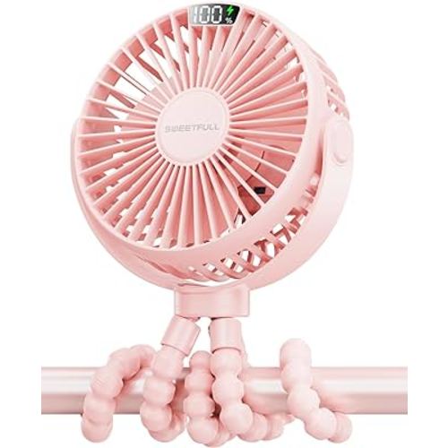 SWEETFULL Portable Stroller Fan with LED Display 4000mAh Battery Powered Mini Clip Fan, 4-Speed Rechargeable Small Personal Fan Handheld Desk Cooling Fan for Car Seat Crib Treadmill Travel-Pink