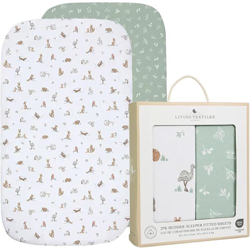 100% Organic Cotton Bedside Sleeper Fitted Sheet 2 Pack -Premium Fabric for Baby's Best Comfort,Super Soft Baby Quilt, 92x47x12cm Soft,Breathable,Snug Fit GOTS Certified (Australiana)