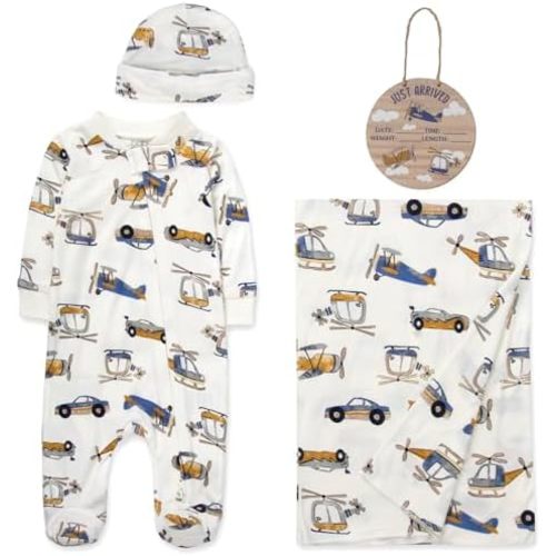 Newborn Baby 4 Piece Coming Home Outfit Gift Set – Footie Sleeper, Blanket, Headband & Ornament for Boys & Girls