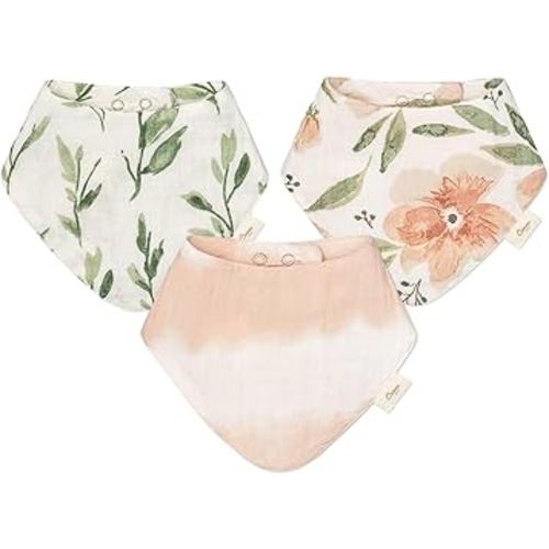 Crane Baby Soft Muslin Baby Bib Set, Adjustable and Absorbent Bandana Style Bibs for Boys and Girls, Floral, 3 Piece, 18.5” x 9”