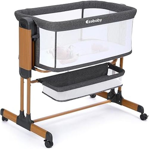 Ezebaby Bassinet Bedside Sleeper, Rocking Bassinet for Baby, Adjustable Baby Bedside Bassinet with Wheels, Storage Basket and Mesh Sides, Portable Baby Bassinets Bedside Sleeper for Newborn Infant