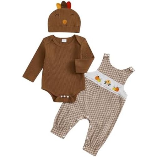 My First Thanksgiving Baby Boy Outfit Infant Little Turkey Hat Ribbed Bodysuit Overalls Pants Newborn Outfits