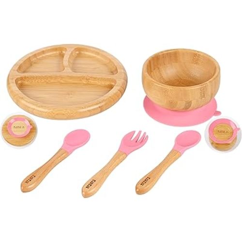 ® Bamboo Baby Plate and Bowl Set with Spoons and Fork for Babies | Bamboo Toddler Plates | Bamboo Suction Plate and Bowl Set for Babies | Baby Led Weaning Feeding Set - BPA Free