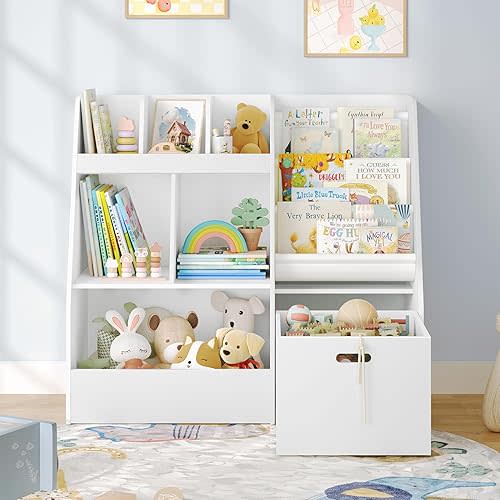 4 in 1 Kids Bookshelf and Toy Storage Organizer, 3-Tier Toy Organizers with Removable Toy Bins, Book Shelf for Kids Room, Toddler Sling Bookshelf with Storage Cubbies, Toy Shelf for Nursery, Playroom