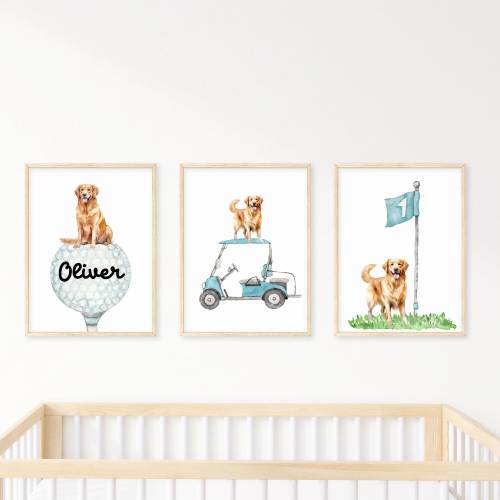 Personalized Golden Retriever Golf wall art set of 3 prints, Custom Golf Golden Retriever wall art set, Golf Nursery Wall Art, Baby Gift