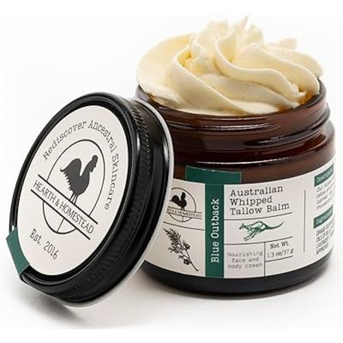 Hearth and Homestead: Handmade Blue Outback Australian Whipped Tallow Balm with Emu, Jojoba, Sandalwood, and Blue Cypress - 1.3 oz -