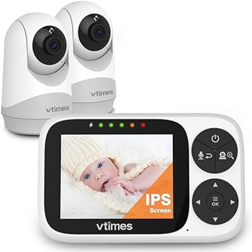 Video Baby Monitor with 2 Cameras, 3.2" IPS Screen Baby Camera Monitor No WiFi Night Vision VOX Mode Pan-Tilt-Zoom Temperature Display 2 Way Audio Lullaby Feeding Alarm and 1000ft Range