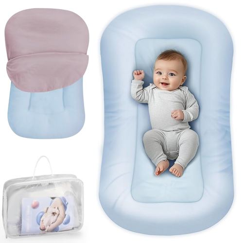 Baby Lounger - Baby Lounger Pillow for Newborn, 0-24 Months, Infant Lounger for Home and Travel, Soft Cotton, Co Sleeping Baby Nest, Newborn Babies Essentials Gifts, ZumaBlue (Lounger Cover Included)