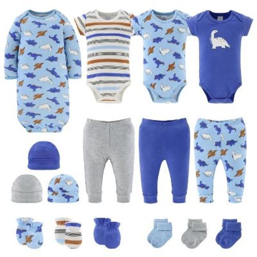 The Peanutshell Blue Dino Newborn Layette Set For Baby Boys, 16-pieces, Orange/blue, 0-3 Months