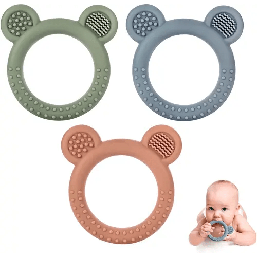 Eascrozn Baby Teething Toys for Babies 0-6 Months Set of 3, Baby Toys 6 to 12 Months, BPA Free Soft and Textured Bear Ring Silicone Teether Relief Soothing Sore Gums Chew Infant Toys