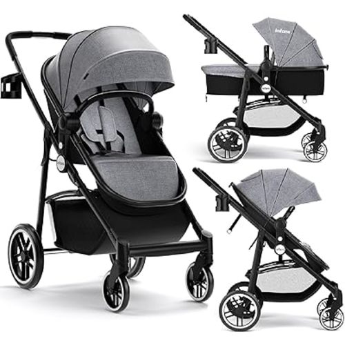 INFANS 2 in 1 Baby Stroller, High Landscape Infant Stroller & Reversible Bassinet Pram, Foldable Pushchair with Adjustable Canopy, Cup Holder, Storage Basket, Suspension Wheels (Grey)