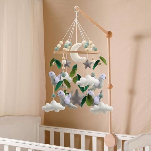 Bird Mobile for Crib - A Neutral Bird Crib Mobile with Clouds and Stars and Green Leaf Detail with Birds