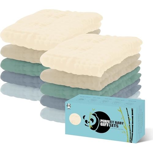 HIPHOP PANDA 10 Pack 6-Layers Muslin Burp Cloths Large - Durable 100% Cotton - Extra Absorbent and Soft Boys & Girls Rags for Newborn Registry (Ivory+Brown+Green+Grey+Slate, 20" X10")
