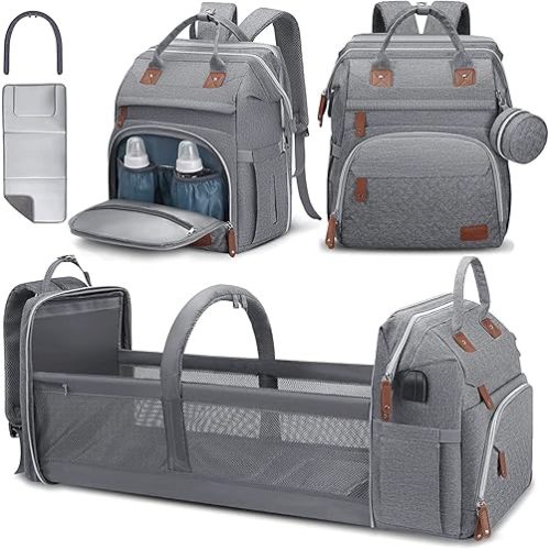 DERJUNSTAR Diaper Bag Backpack,Baby Diaper Bags, Multifunctional Travel Diaper Waterproof Backpack for Baby Boy & Girls, with Portable Diaper Pad,Grey