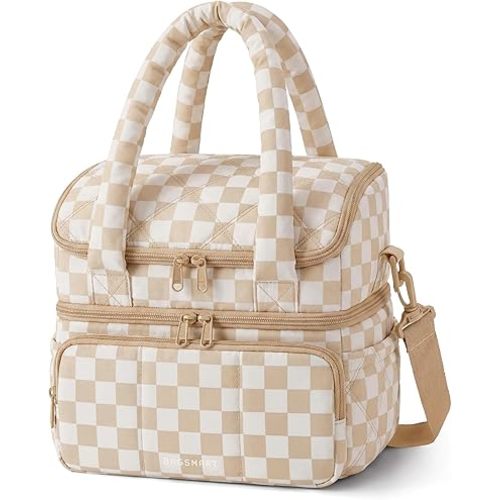BAGSMART Lunch Bag Women, Double Deck Insulated Lunch Box, Quilted Puffer Lunch Tote, Leakproof, Durable & Reusable Large Lunch Cooler For Work Picnic Travel Meal Prep, Brown Checkerboard