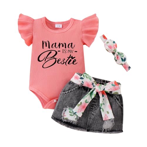 CETEPY Baby Girl Clothes Newborn Romper Ruffle Sleeve Short Jeans Skirt with Headband Infant Outfits Set 0-18 Months
