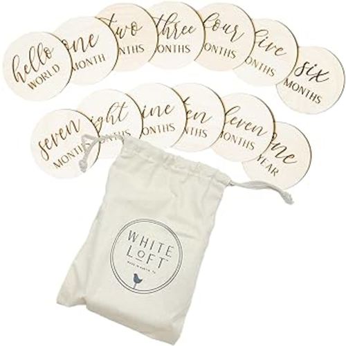 White Loft Baby Monthly Milestone – Handcrafted Baby Milestones Made with Birch Wood to Photoshoot Baby's First Year of Life, Set of 13 (Includes Hello World Newborn Sign + 1-12 Months)