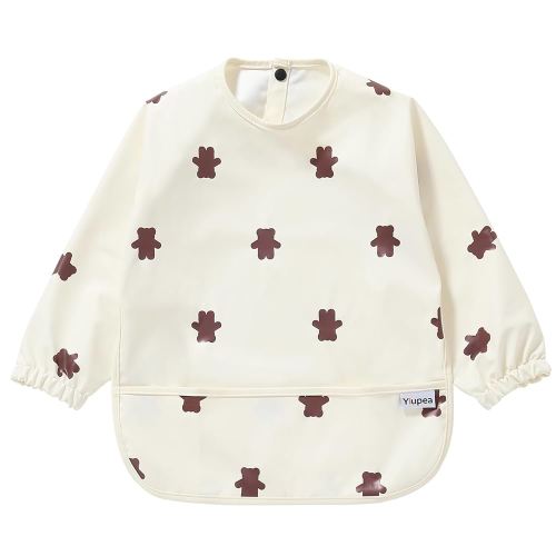 Yiupea Baby Weaning Bib With Long Sleeves - Machine Washable & Waterproof Mess Proof Bibs 6-24 Months for Led Weaning, Coverall Feeding Bibs - Light Yellow