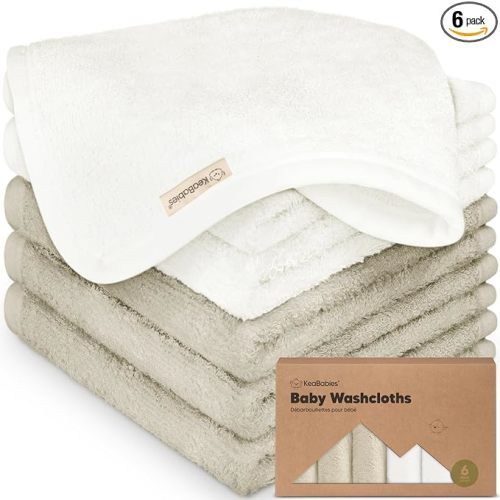6-Pack Baby Washcloths - Soft Absorbent Viscose from Bamboo Wash Cloths for Babies, Kids, Toddlers, Infant, Newborn Bath Towels, Gentle on Sensitive Skin, 10x10 Reusable Face Towels (White/Stone)