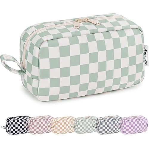 Narwey Checkered Makeup Bag Travel Cosmetic Bag Organizer Small Toiletry Bag Make Up Bags with Comparments for Women and Girls, Gift for Teen Girls (Mint Green Checkerboard, Large)