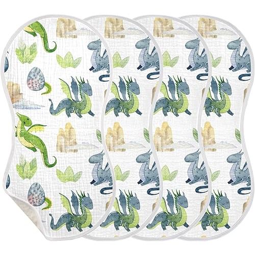 Watercolor Cute Dragons Muslin Baby Burp Cloths - Super Absorbent and Soft Burping Rags - Cotton Burp Clothes Set for Boys and Girls, 4 Pack