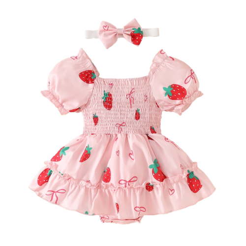 Baby Girl Clothes Short Sleeve Ruffles Strawberry Prints Romper Bodysuits Girl Outfits Red 0 Months-3 Months