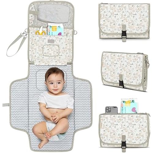 KeaBabies Portable Diaper Changing Pad - Large Waterproof Baby Changing Mat, Compact Travel Diaper Clutch, Functional Pockets Fit Newborn Essentials, Wipeable & Padded Baby Changer (Prairie)