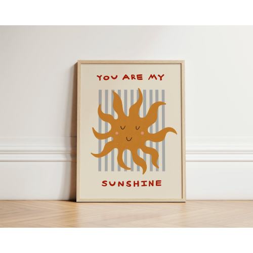 You Are My Sunshine Print, Toddler Room Print, Blue Stripes, Sun Illustration Wall Art, Nursery Art, Eclectic Nursery, Play Room, UNFRAMED