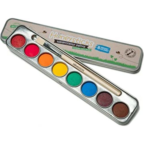 Honeysticks Non-Toxic Watercolor Paint Set for Kids and Toddlers - 8 Vibrant and Long Lasting Colors with Brush - Natural and Food Grade Ingredients - Child Safe Art Supplies - Great Gift Idea