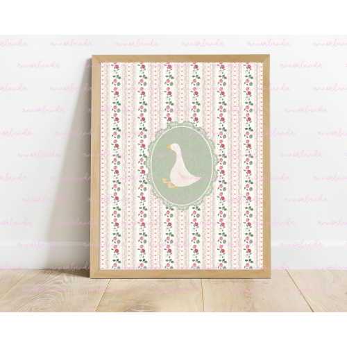 Goose Strawberry and Floral Nursery Wall Art - Print Above Crib in Nursery - White Goose Animal Print for Classic Baby Girl Nursery