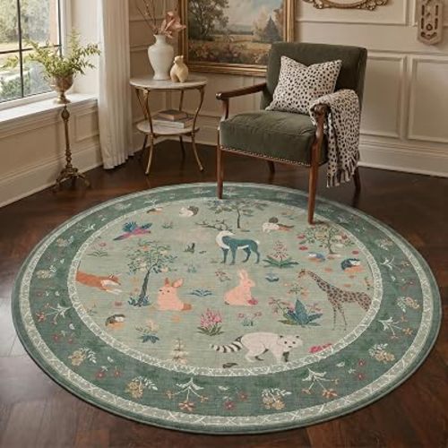 BESBLEE 5FT Round Rug for Bedroom, Washable Animal Non Slip