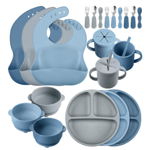 Yinder 24 Pack Silicone Baby Feeding Set Baby LED Weaning Supplies Includes Suction Divided Plates Soft Bowl Spoons Forks Adjustable Bib Snack Cup and Straws(Dark Blue, Gray Blue, Smoky Gray)