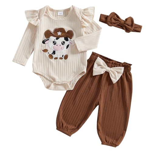 SHUING Newborn Baby Girl Western Outfits Cow Embroidery Ruffle Bubble Romper and Bow Pants Infant Girl Fall Clothes Headband