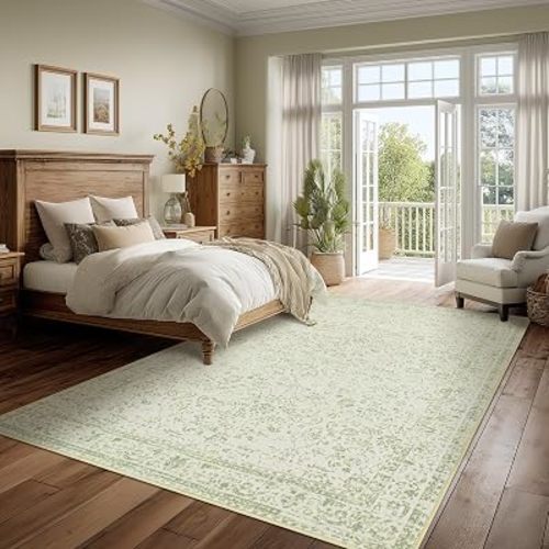 Light Green Nursery Rug Boy Girl 6x9 Area Rugs Washable Non Slip Low Pile Soft Boho Neutral Floral Print Throw Carpet for Living Room Dining Room Sage Green Dining Room Rugs for Under Table 6 x 9