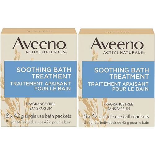 Aveeno Fragrance Free Soothing Bath Treatment, 100% Natural Colloidal Oatmeal, Sensitive Skin Bath Soak for Relief of Dry, Itchy, Irritated Skin Due to Eczema & Hives, Bath Packets, 8 ct. (Pack of 2)