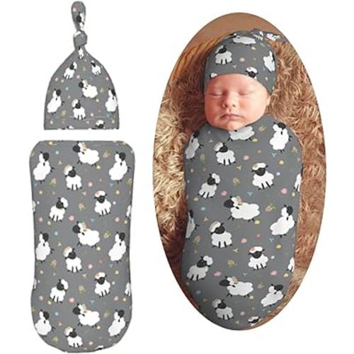 Cute Sheep Lambs Newborn Swaddle Blankets Hat Sets Soft Baby Receiving Blanket Swaddle Sack for Baby Shower Infant Boy Girl Gift