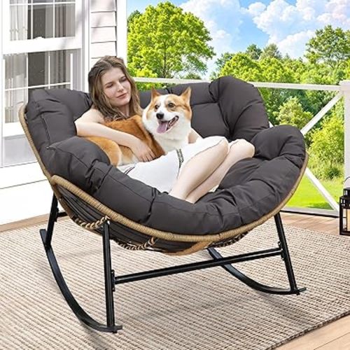 RADIATA Rocking Egg Chair, Indoor Outdoor Oversized Lounge Chair, Wicker Papasan Rocker with Water Resistant Cushion Cover, 450 lbs Weight Capacity for Patio Porch Garden (Dark Grey)