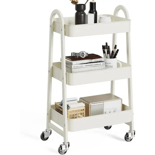 OLIXIS 3 Tier Utility Rolling Cart, Metal Mobile Storage Shelf with Lockable Caster Wheels, Organization for Livingroom, Bathroom, Kitchen, & Narrow Places, White