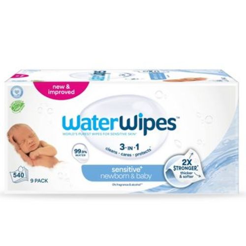 WaterWipes Sensitive+ Newborn & Baby Wipes, 3-In-1 Cleans, Cares, Protects, 99.9% Water, Unscented & Hypoallergenic - 540ct