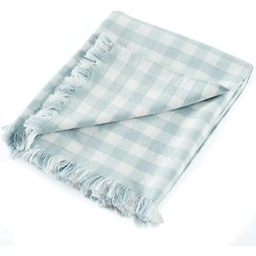 100% Cotton Throw Blanket Plaid Soft Lightweight Cozy Farmhouse Tassels Summer Thin Breathable Throws for Couch Sofa Bed (50" × 60" Blue)