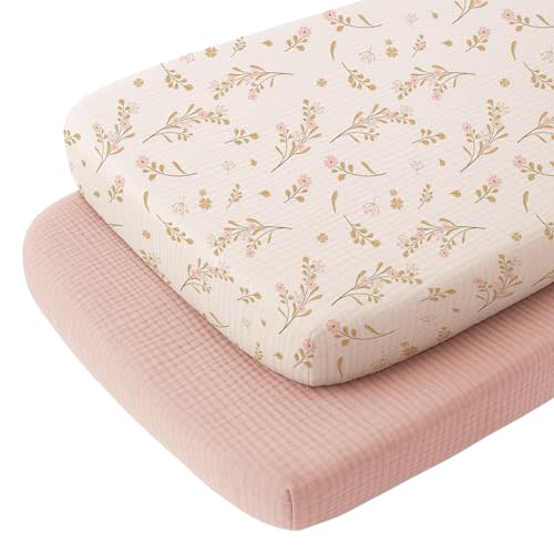 Konssy Muslin Fitted Bassinet Sheets 2 Pack for Baby Girl Boy, Soft Bedside Sleeper Bassinet Sheets Fit for Baby Bassinets, Moses Basket Oval Rectangle Pad/Mattress