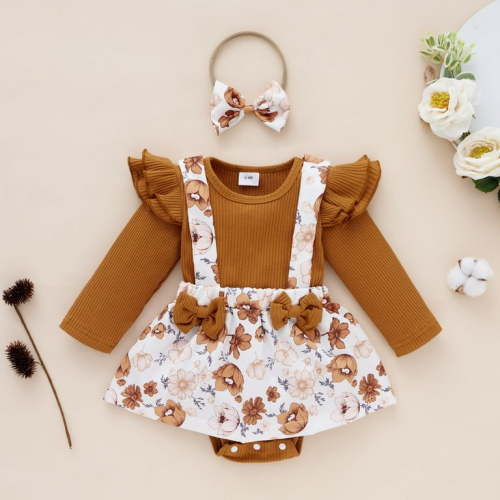 PatPat Ribbed Floral Baby Romper Dress Long Sleeve,Long Sleeve Bodysuits Infant Jumpsuit Clothes,0-18month