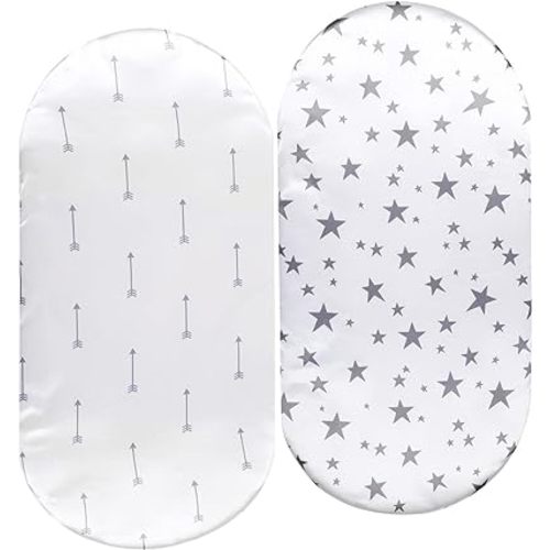 Bassinet Sheet Set 2 Pack Satin Ultra Soft Silk Fit for Rectangle, Hourglass, Oval Bassinet Mattress Protect for Baby Hair and Skin Cradle or Bassinet Sheets, Arrows & Stars