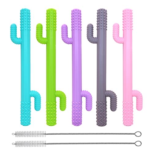 Hollow Teething Tubes Toys for Babies Girls Boys, 5 Pack Silicone Baby Teether Toy Tube for Infants with Nursing Biting Chewing, Chew Straws for Toddlers 6-12 Months (Style D)