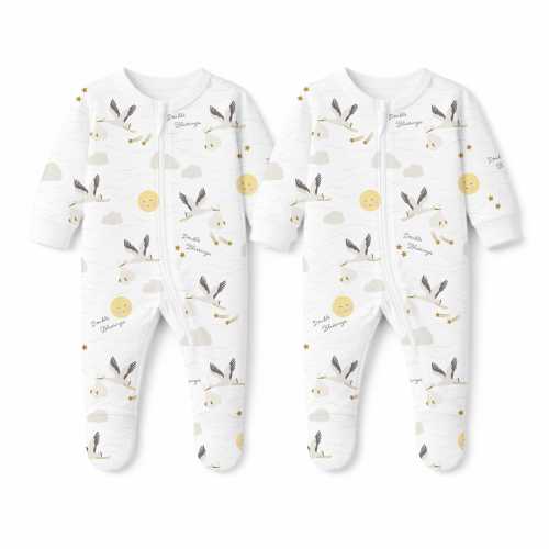 Twin Sleepers, Cotton Matching Footies, 'Double Blessings' Layette Set, Stork Print, 2-Pack, Newborn - 9m