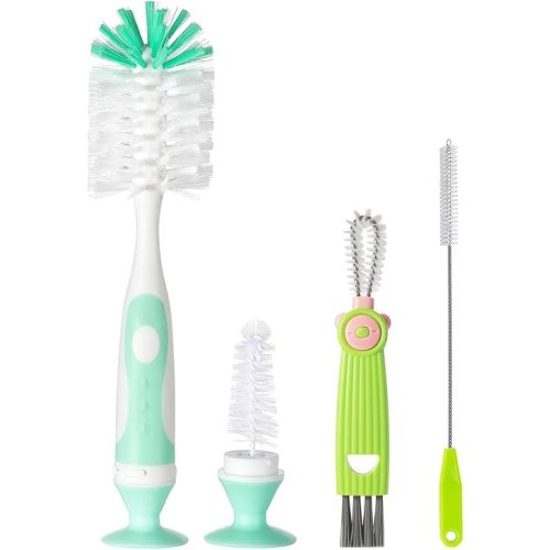 Baby Bottle Cleaner 4 in 1, Bottle Brush Set, with 1P Nylon Bottle Brush, 1P Bottle Cap Brushes, 2P Straw Brushes, Bottle Brush with Nipple Cleaner and Suction Cup, BPA-Free(Green)
