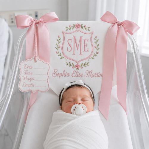 Custom Baby Banner with Birth Name Tag, Welcome Banner with Floral Crest, Bows Baby Banner, Hospital Door Sign, Baby Shower Gifts